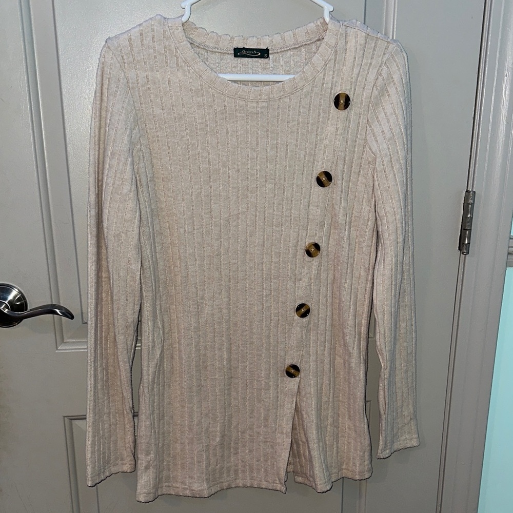 Cream Ribbed Long Sleeve Top with Button Detail